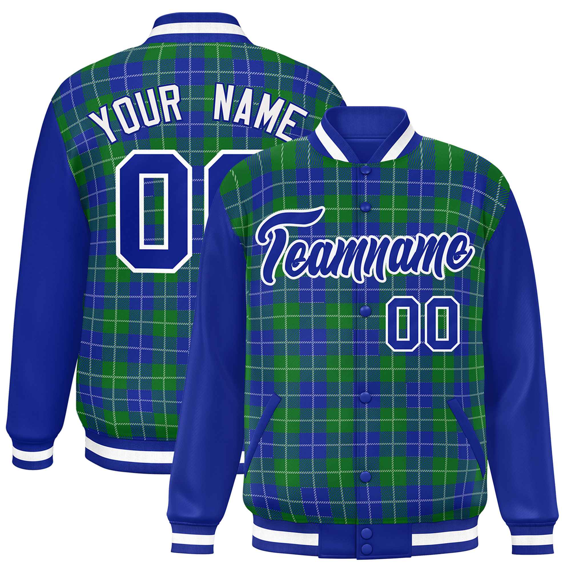 Custom Green Royal-White Varsity Full-Snap Plaid Pattern Letterman Baseball Jacket