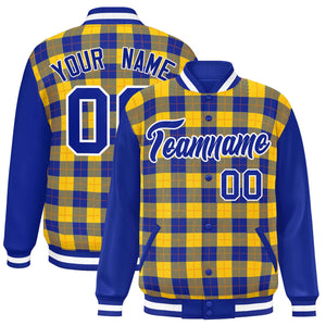 Custom Yellow Royal-Orange Varsity Full-Snap Plaid Pattern Letterman Baseball Jacket