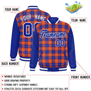 Custom Orange Royal-White Varsity Full-Snap Plaid Pattern Letterman Baseball Jacket