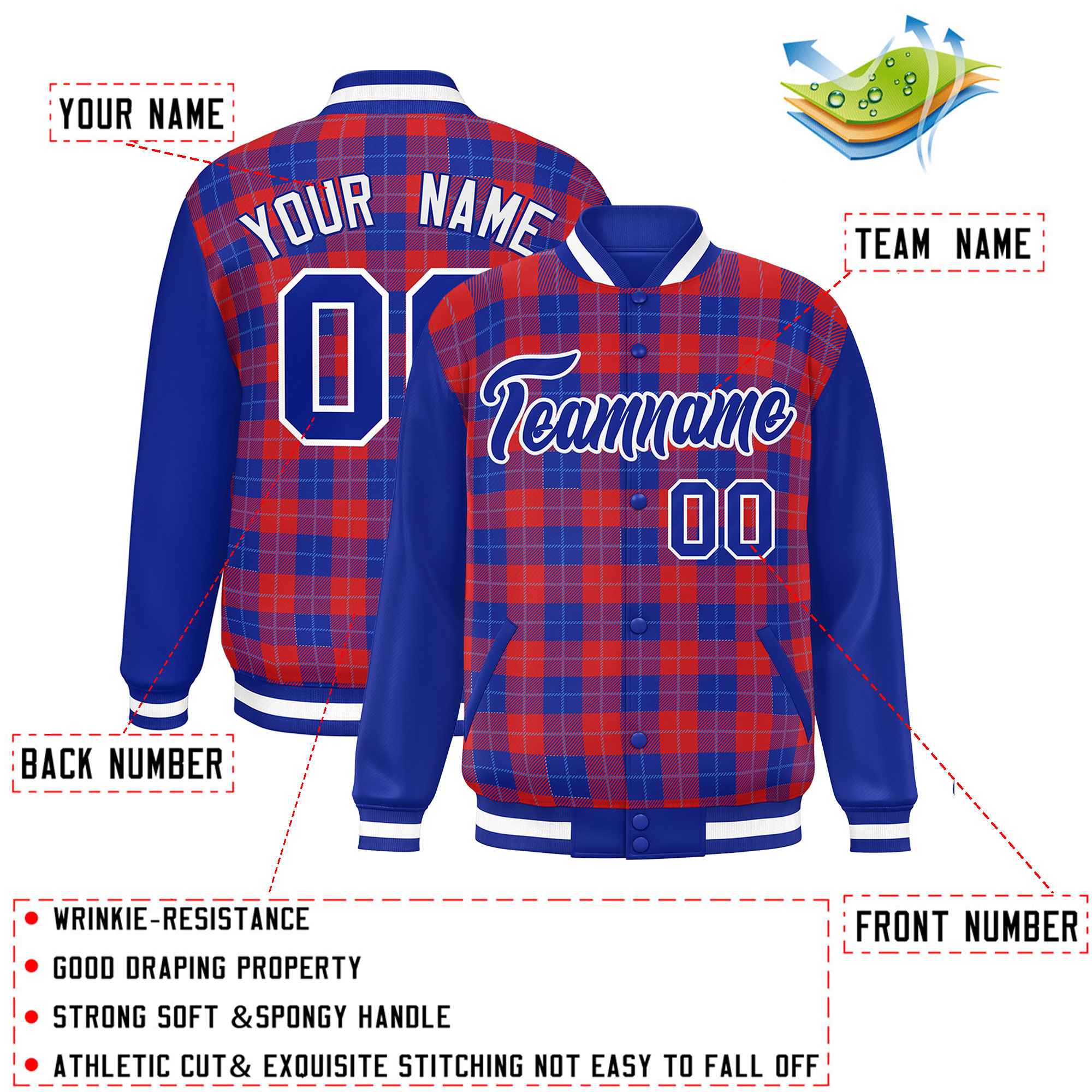 Custom Red Royal-Powder Blue Varsity Full-Snap Plaid Pattern Letterman Baseball Jacket