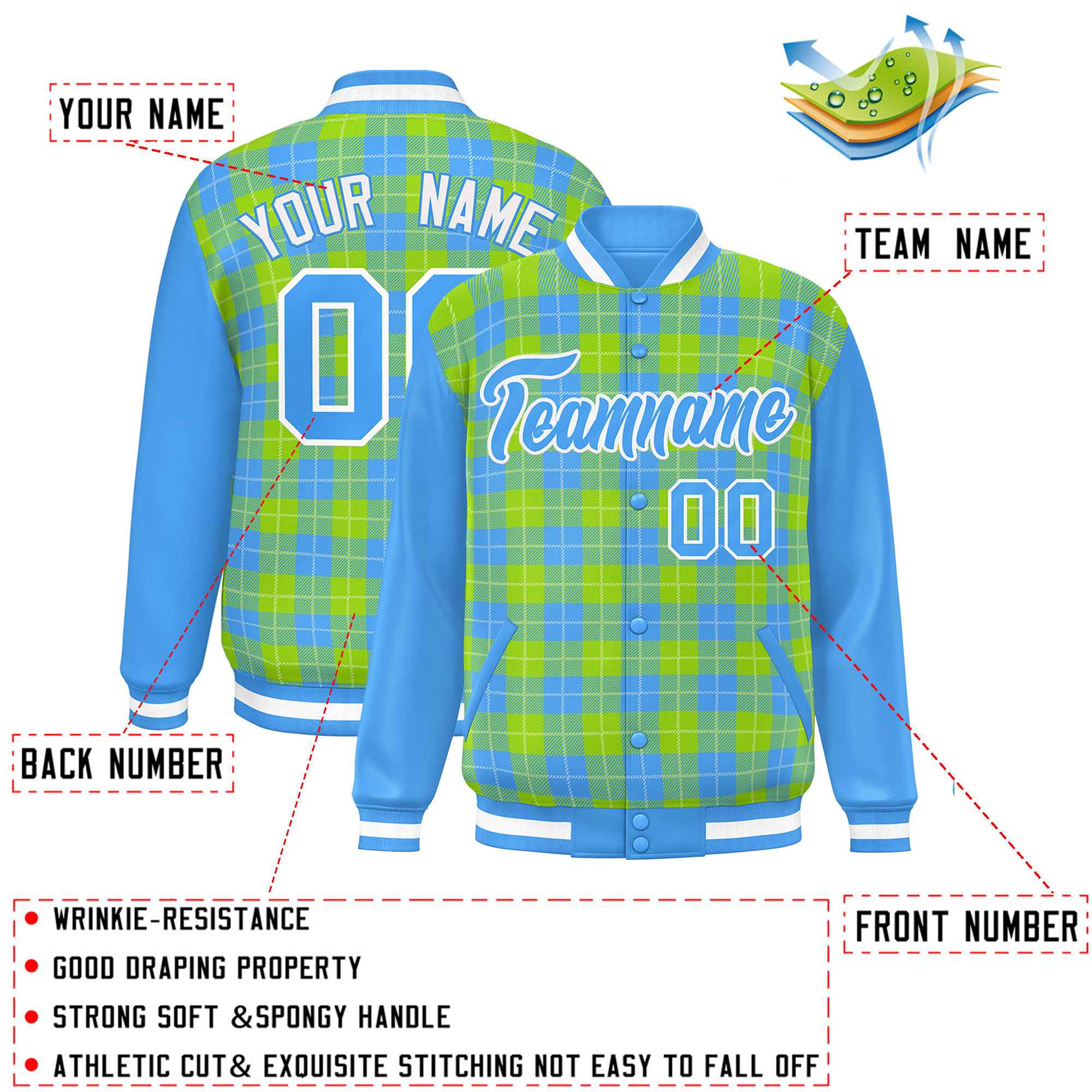 Custom Neon Green Powder Blue-White Varsity Full-Snap Plaid Pattern Letterman Baseball Jacket