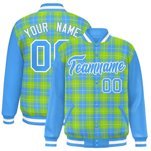 Custom Neon Green Powder Blue-White Varsity Full-Snap Plaid Pattern Letterman Baseball Jacket