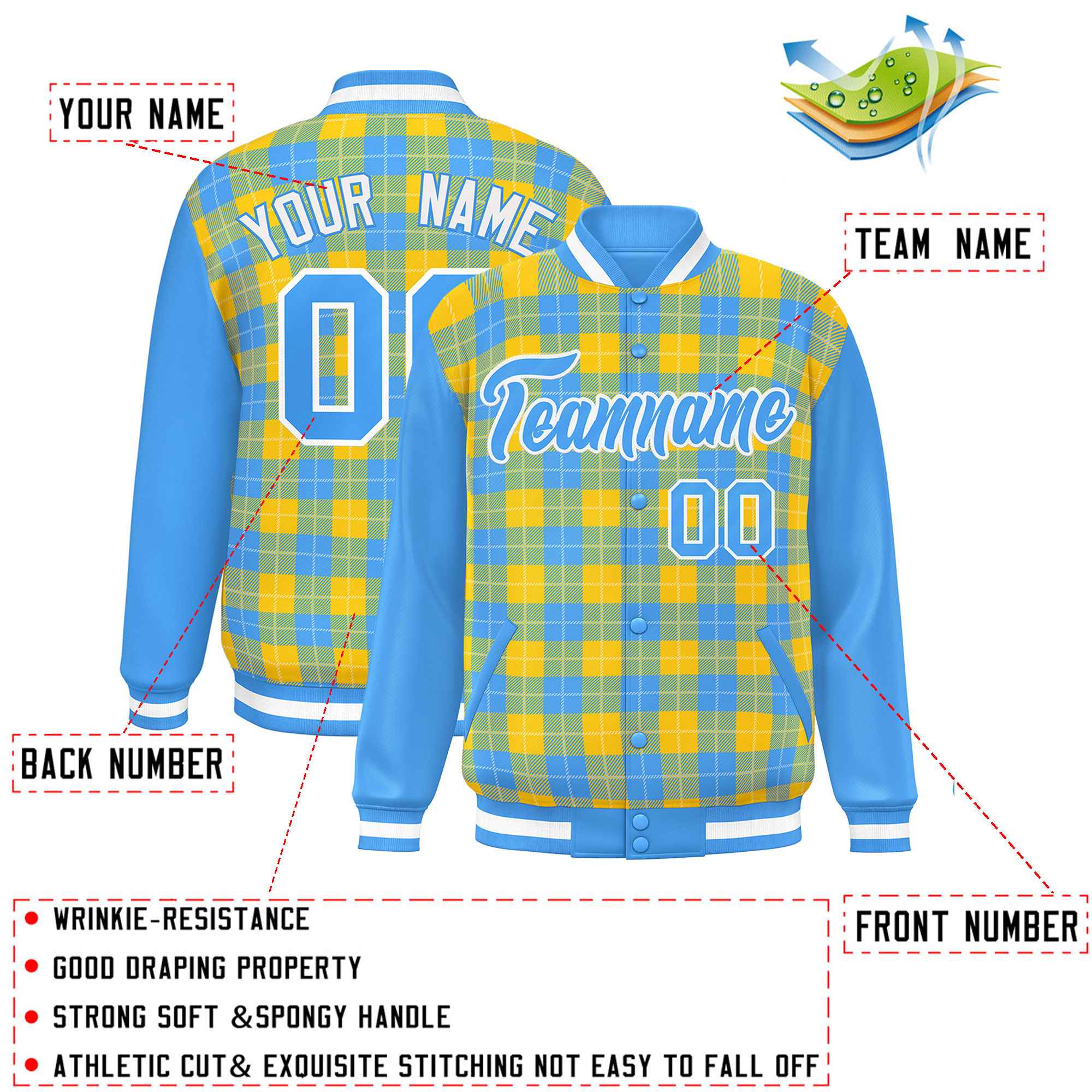 Custom Gold Powder Blue-White Varsity Full-Snap Plaid Pattern Letterman Baseball Jacket