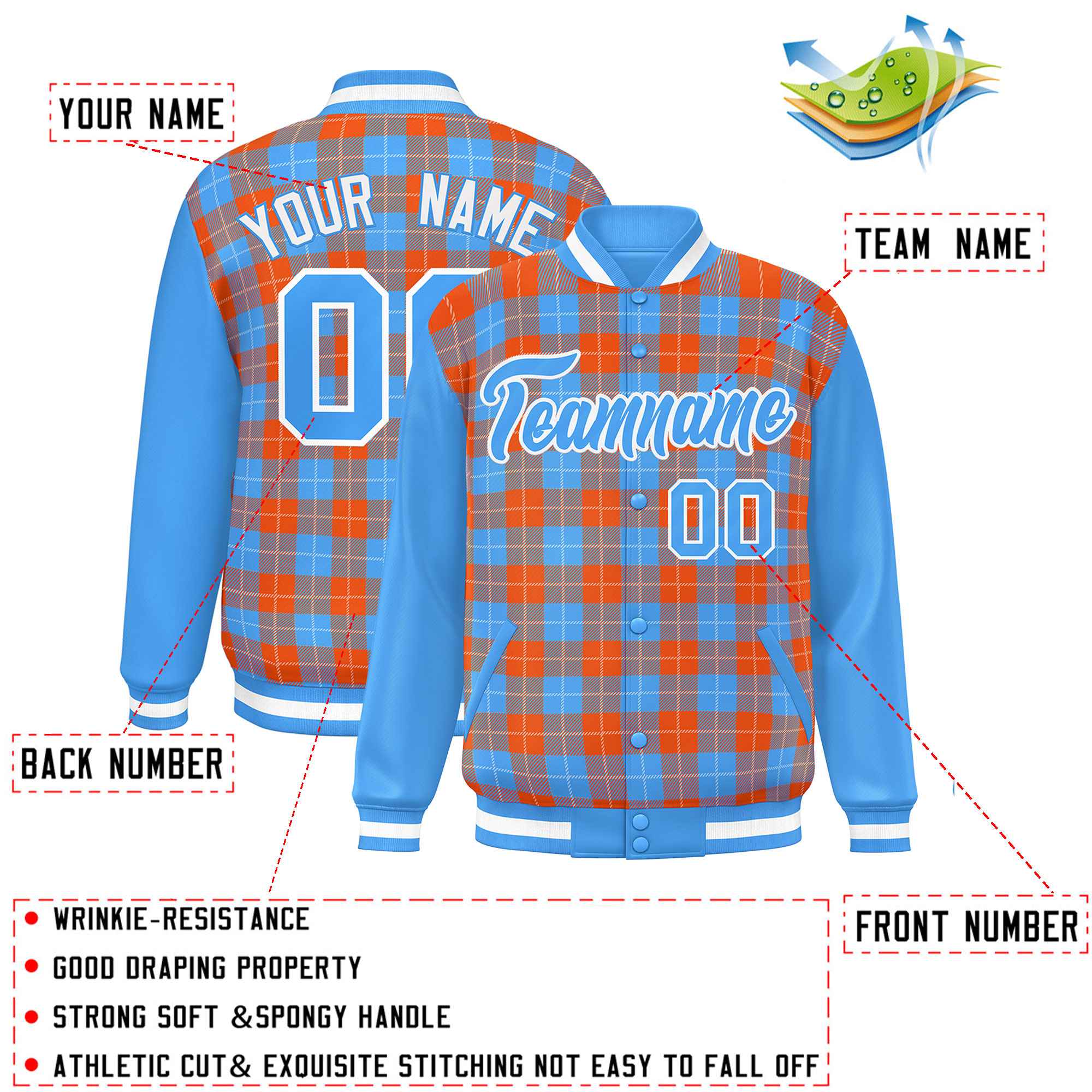 Custom Orange Powder Blue-White Varsity Full-Snap Plaid Pattern Letterman Baseball Jacket