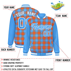 Custom Orange Powder Blue-White Varsity Full-Snap Plaid Pattern Letterman Baseball Jacket