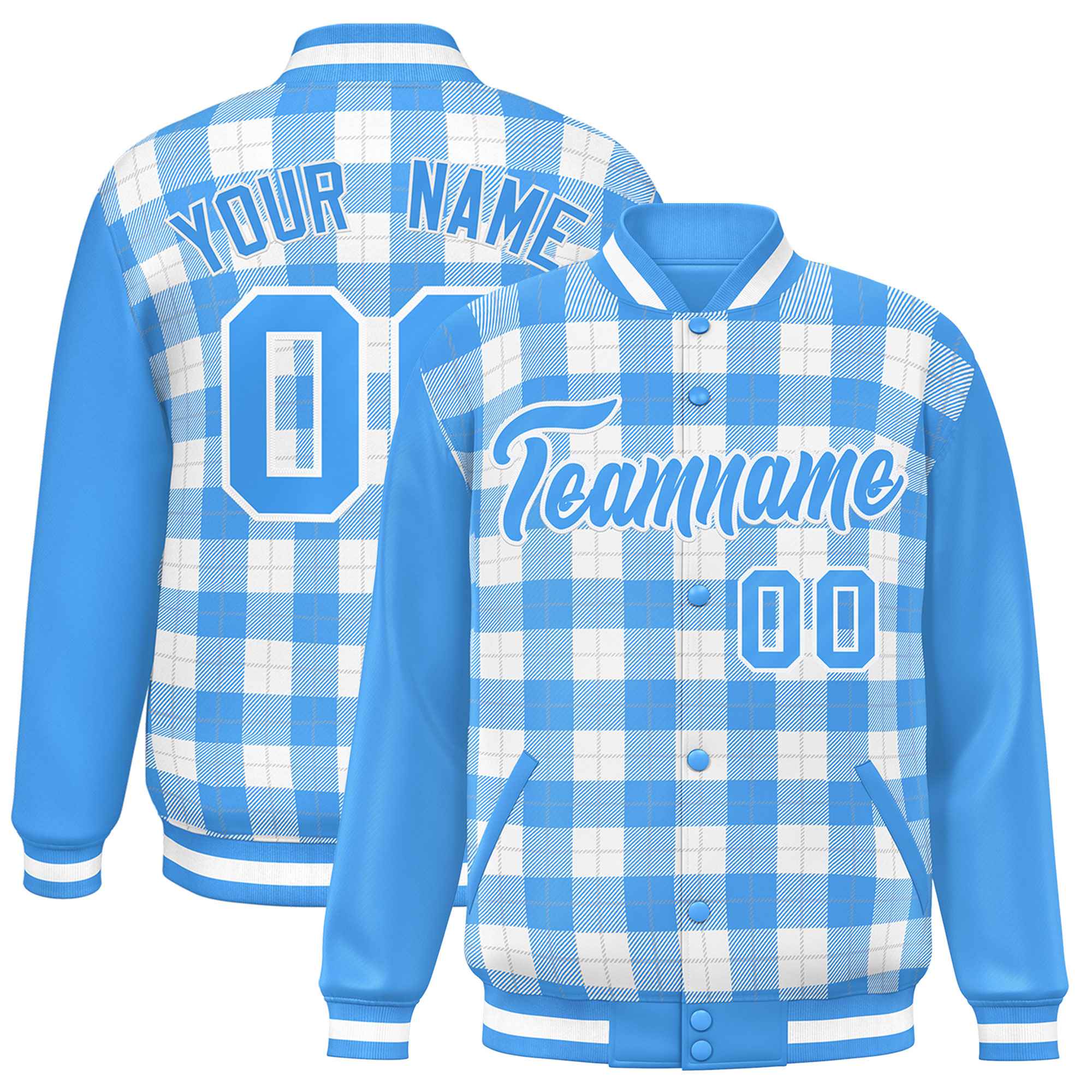 Custom White Powder Blue-Gray Varsity Full-Snap Plaid Pattern Letterman Baseball Jacket