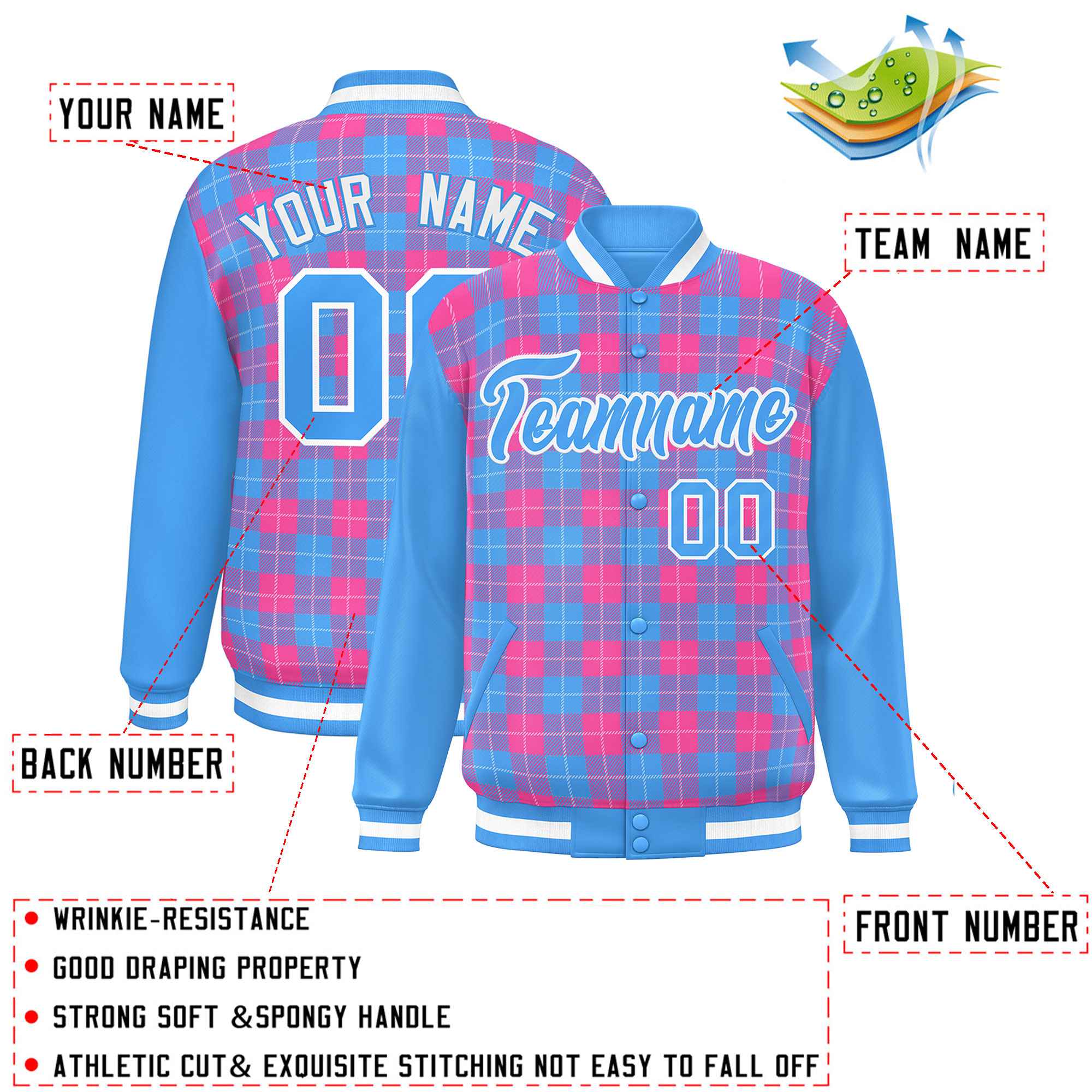 Custom Pink Powder Blue-White Varsity Full-Snap Plaid Pattern Letterman Baseball Jacket