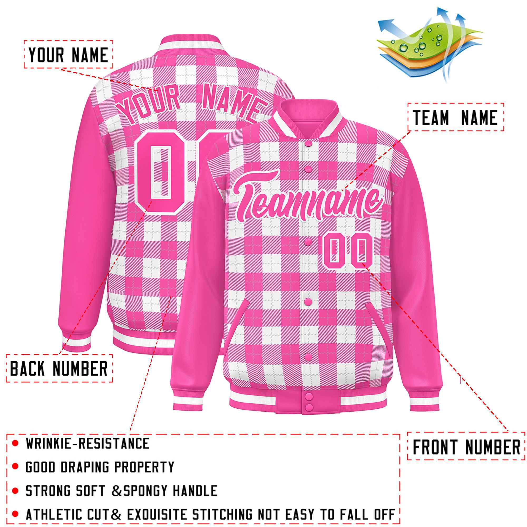 Custom White Pink-Gray Varsity Full-Snap Plaid Pattern Letterman Baseball Jacket