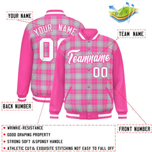 Custom Gray Pink-White Varsity Full-Snap Plaid Pattern Letterman Baseball Jacket