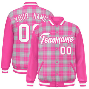 Custom Gray Pink-White Varsity Full-Snap Plaid Pattern Letterman Baseball Jacket