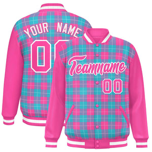 Custom Sky Blue Pink-White Varsity Full-Snap Plaid Pattern Letterman Baseball Jacket