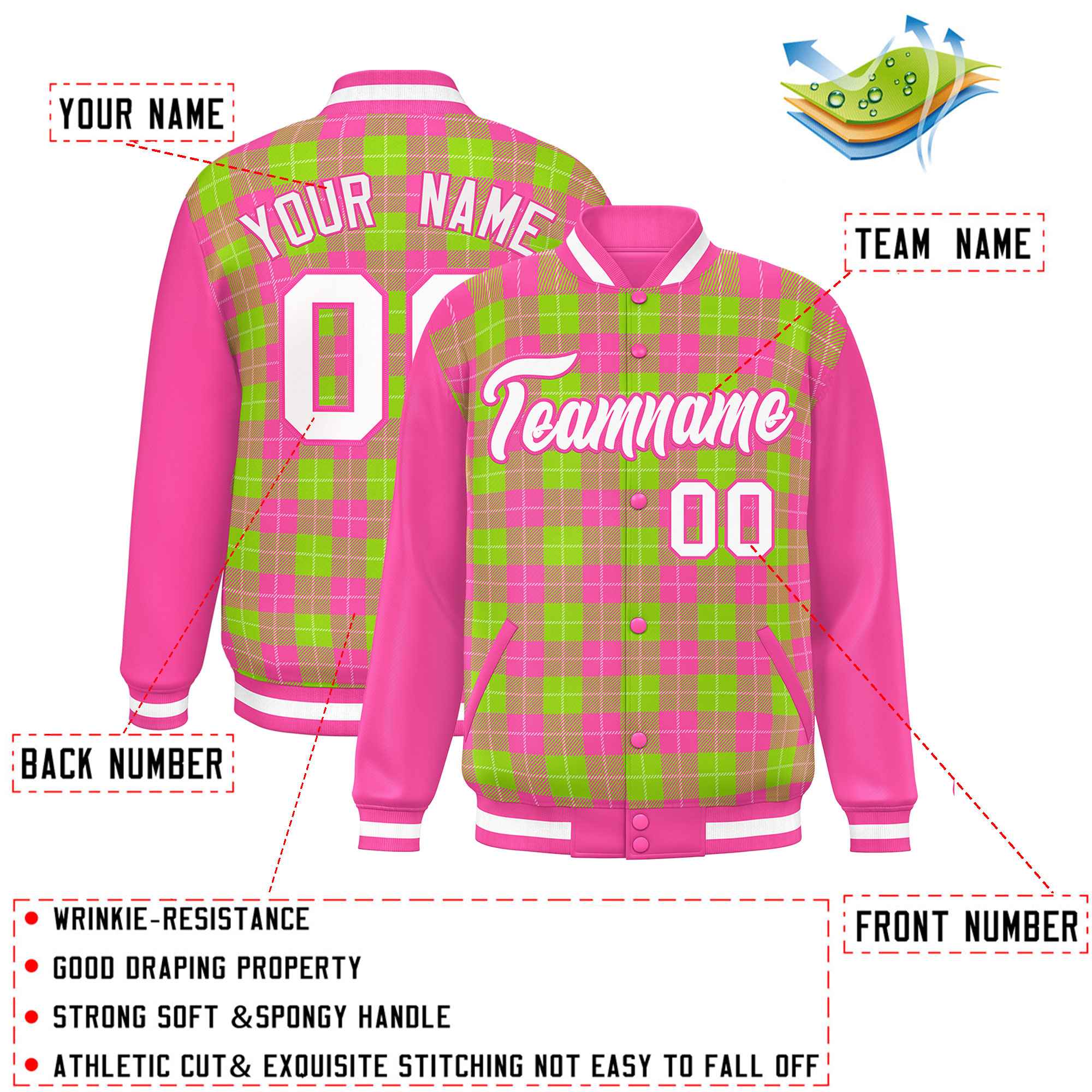 Custom Neon Green Pink-White Varsity Full-Snap Plaid Pattern Letterman Baseball Jacket