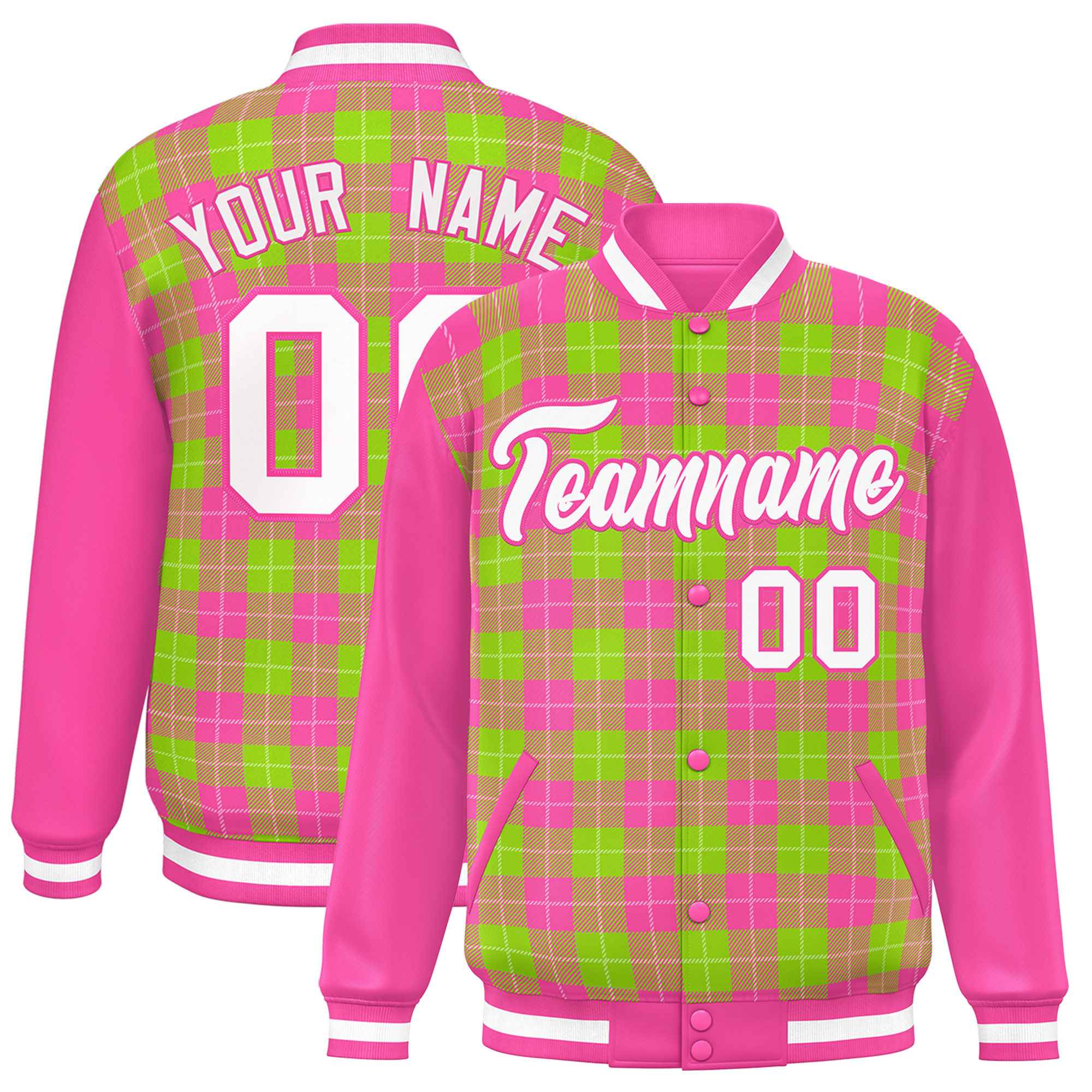 Custom Neon Green Pink-White Varsity Full-Snap Plaid Pattern Letterman Baseball Jacket