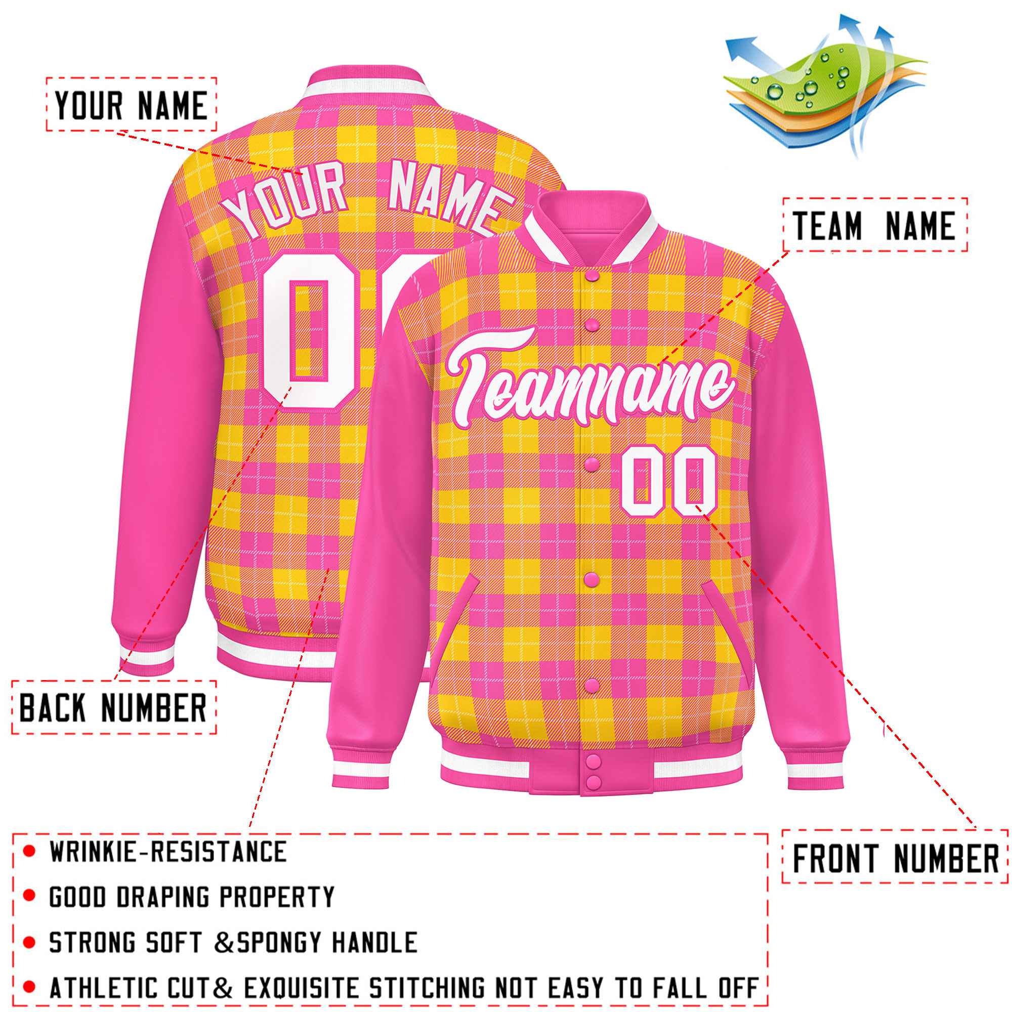 Custom Gold Pink-White Varsity Full-Snap Plaid Pattern Letterman Baseball Jacket