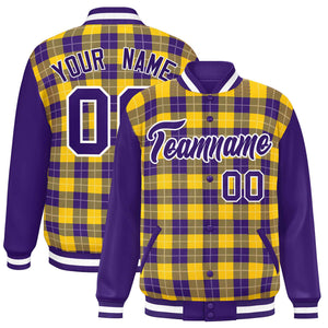 Custom Gold Purple-White Varsity Full-Snap Plaid Pattern Letterman Baseball Jacket