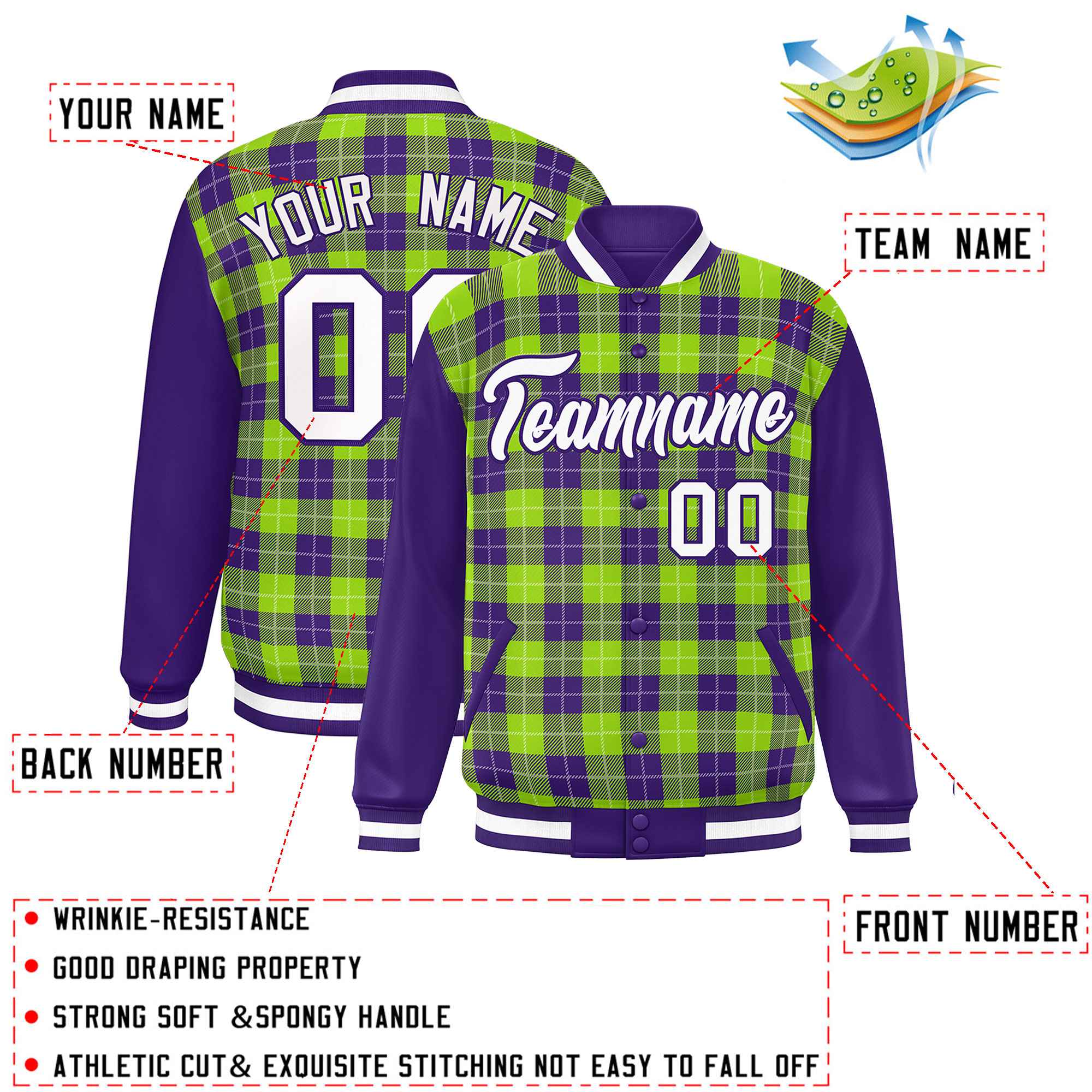 Custom Neon Green Purple-White Varsity Full-Snap Plaid Pattern Letterman Baseball Jacket