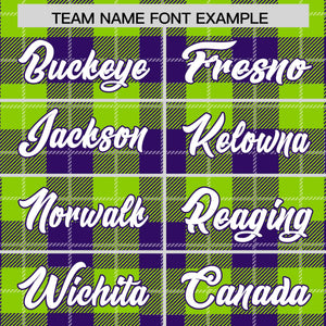 Custom Neon Green Purple-White Varsity Full-Snap Plaid Pattern Letterman Baseball Jacket