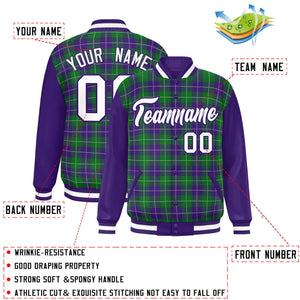 Custom Kelly Green Purple-White Varsity Full-Snap Plaid Pattern Letterman Baseball Jacket