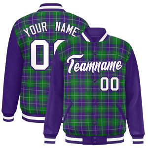 Custom Kelly Green Purple-White Varsity Full-Snap Plaid Pattern Letterman Baseball Jacket