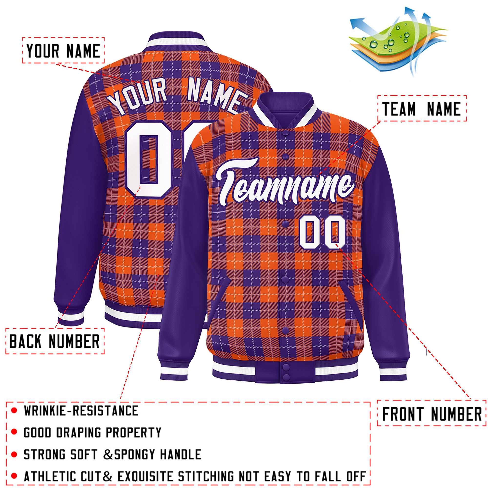 Custom Orange Purple-White Varsity Full-Snap Plaid Pattern Letterman Baseball Jacket