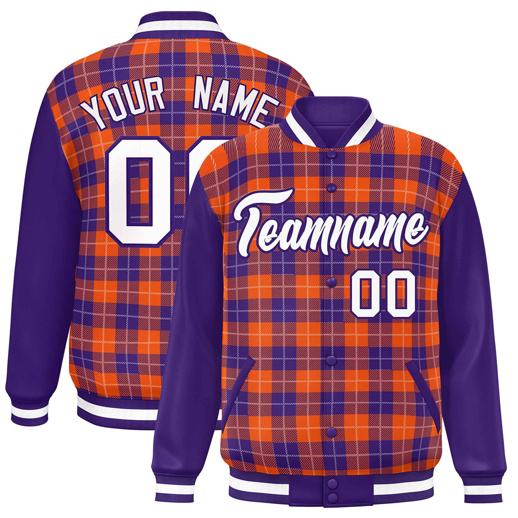 Custom Orange Purple-White Varsity Full-Snap Plaid Pattern Letterman Baseball Jacket