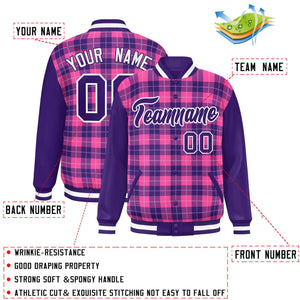 Custom Pink Purple-White Varsity Full-Snap Plaid Pattern Letterman Baseball Jacket