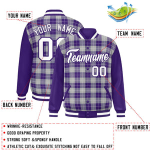 Custom Gray Purple-White Varsity Full-Snap Plaid Pattern Letterman Baseball Jacket