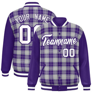 Custom Gray Purple-White Varsity Full-Snap Plaid Pattern Letterman Baseball Jacket