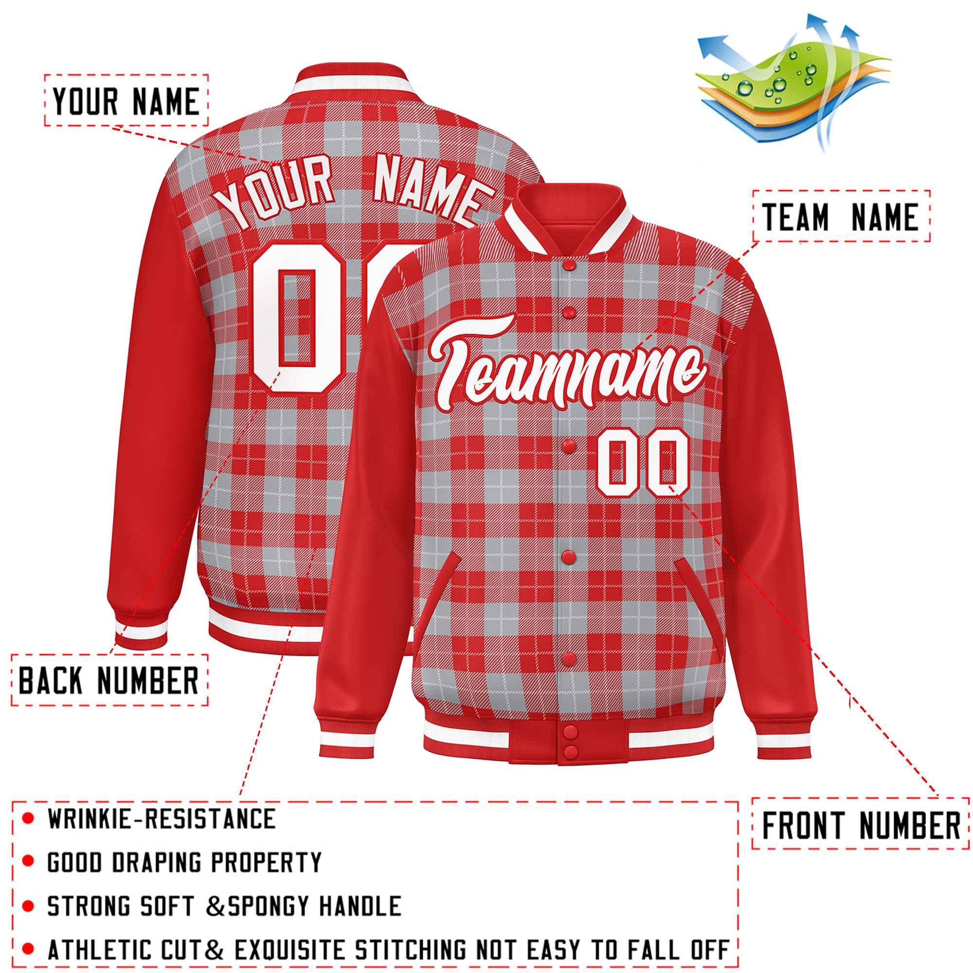 Custom Gray Red-White Varsity Full-Snap Plaid Pattern Letterman Baseball Jacket