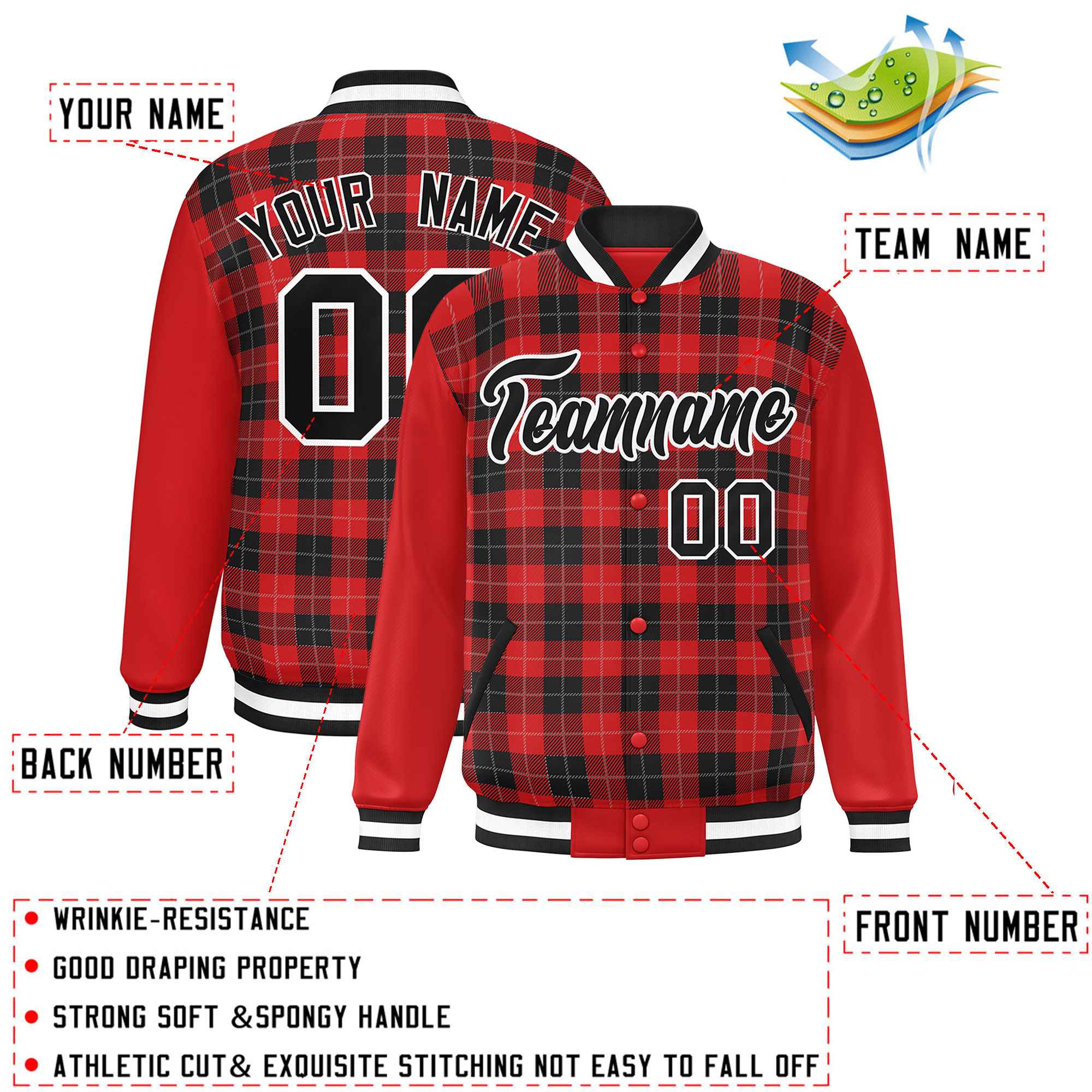 Custom Red Black-Gray Varsity Full-Snap Plaid Pattern Letterman Baseball Jacket