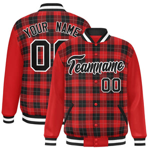 Custom Red Black-Gray Varsity Full-Snap Plaid Pattern Letterman Baseball Jacket