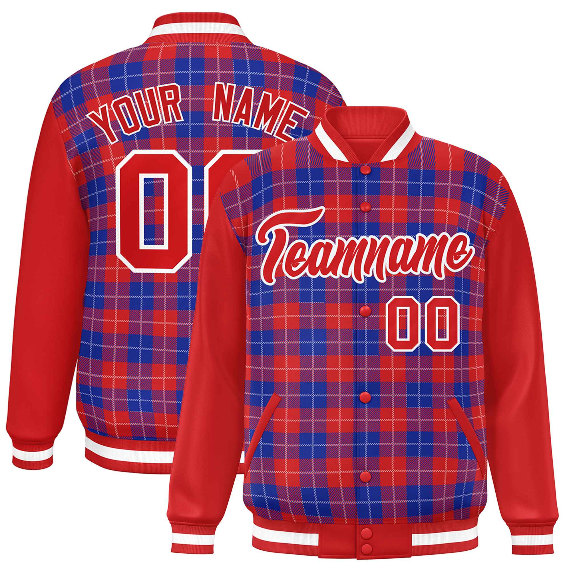 Custom Royal Red-White Varsity Full-Snap Plaid Pattern Letterman Baseball Jacket