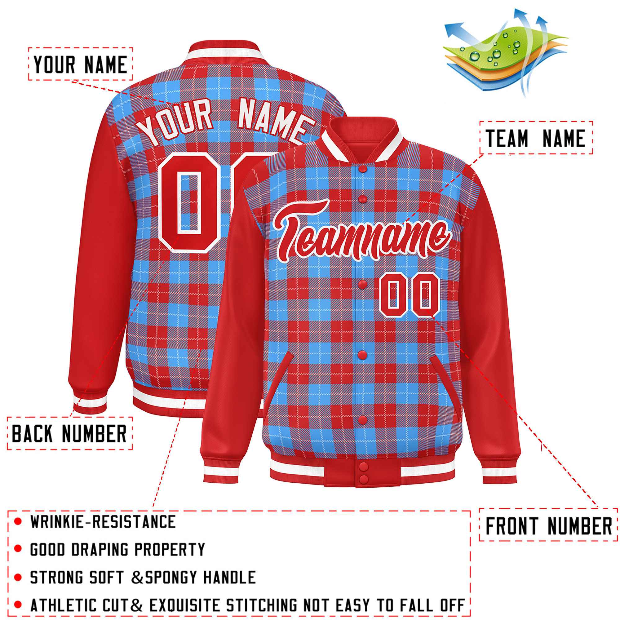 Custom Powder Blue Red-White Varsity Full-Snap Plaid Pattern Letterman Baseball Jacket