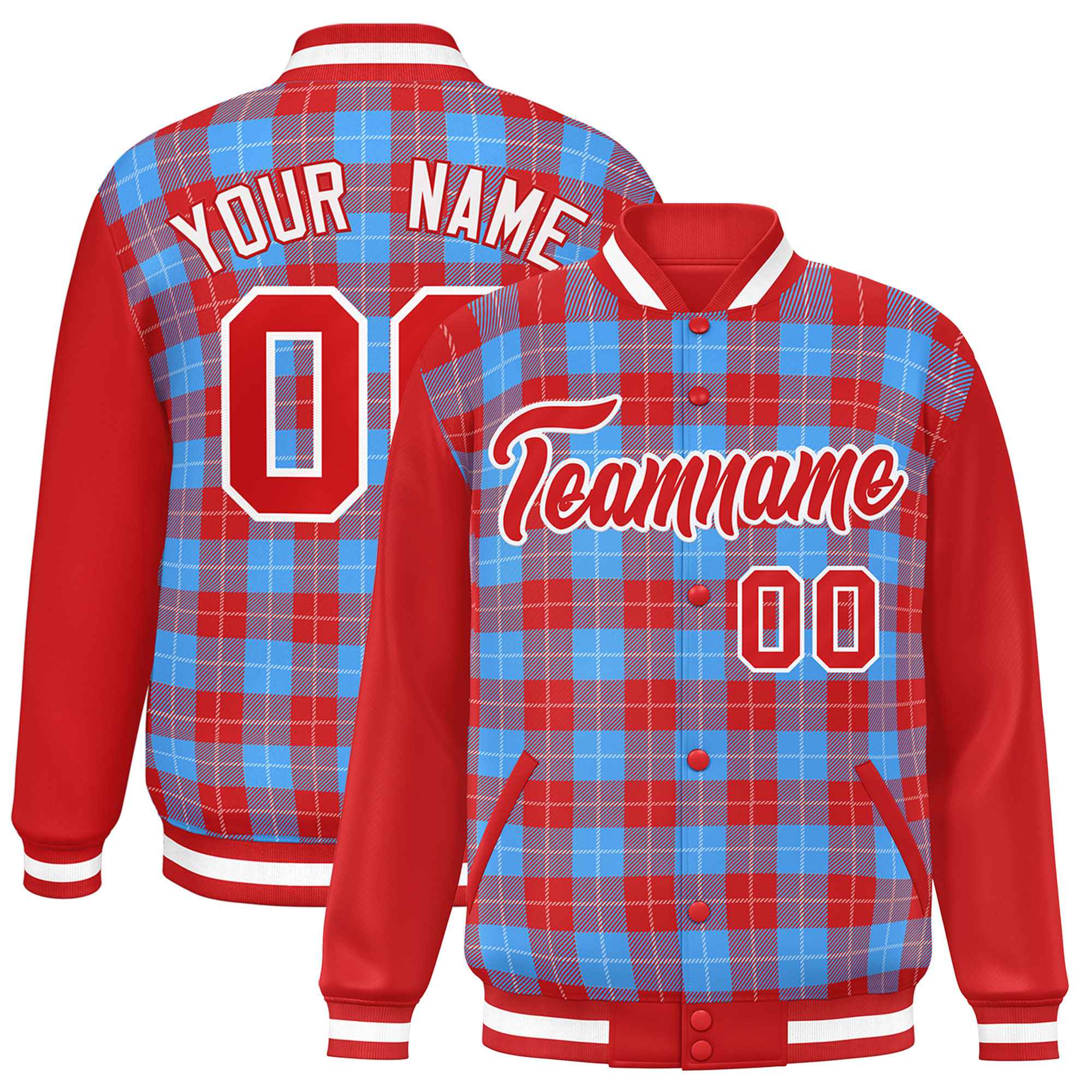 Custom Powder Blue Red-White Varsity Full-Snap Plaid Pattern Letterman Baseball Jacket