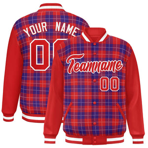 Custom Purple Red-White Varsity Full-Snap Plaid Pattern Letterman Baseball Jacket