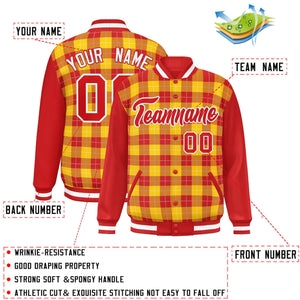 Custom Gold Red-White Varsity Full-Snap Plaid Pattern Letterman Baseball Jacket