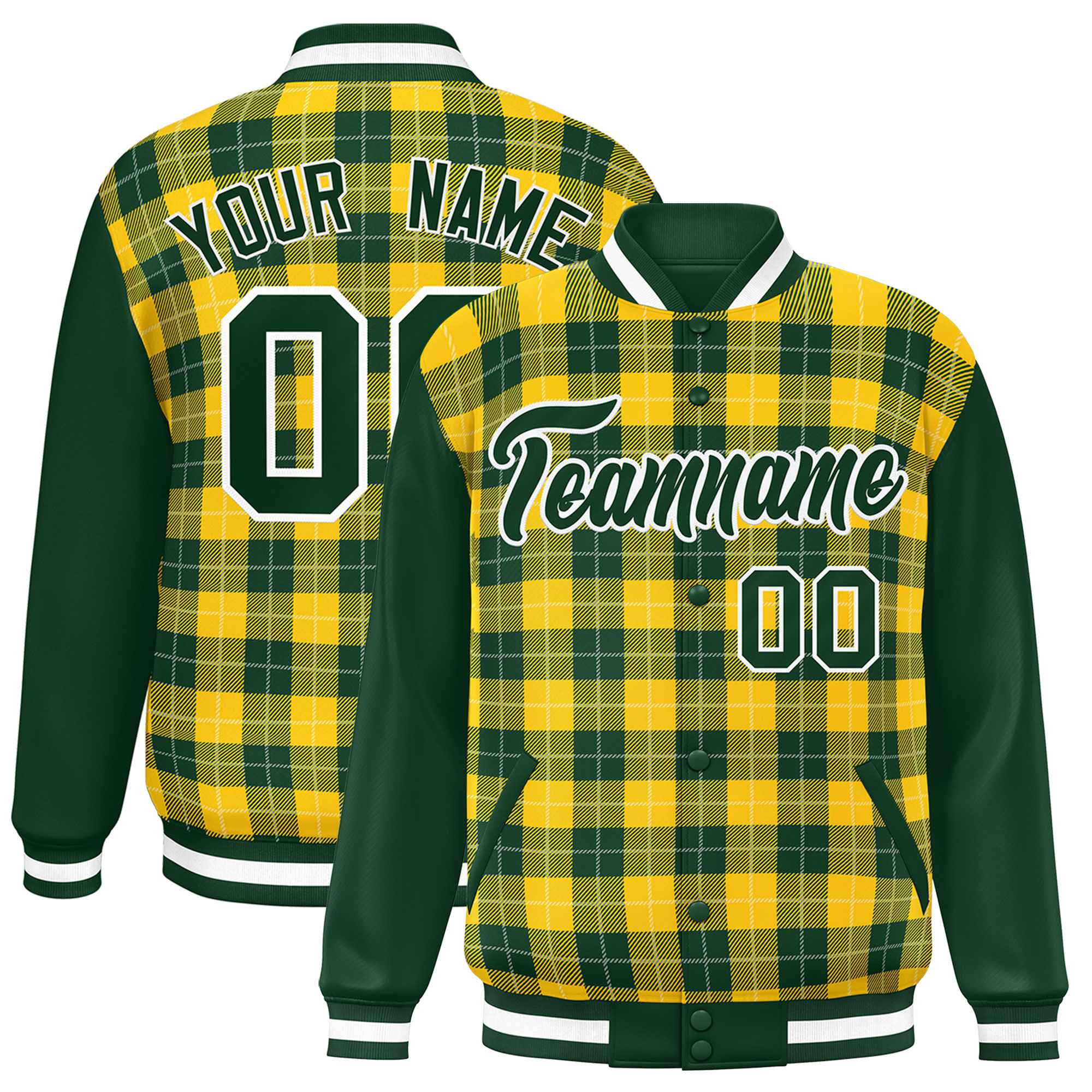 Custom Gold Green-White Varsity Full-Snap Plaid Pattern Letterman Baseball Jacket