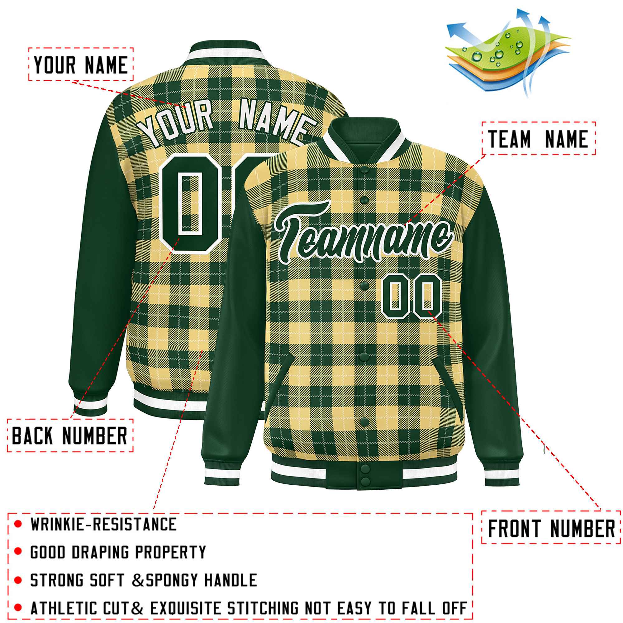 Custom Khaki Green-White Varsity Full-Snap Plaid Pattern Letterman Baseball Jacket