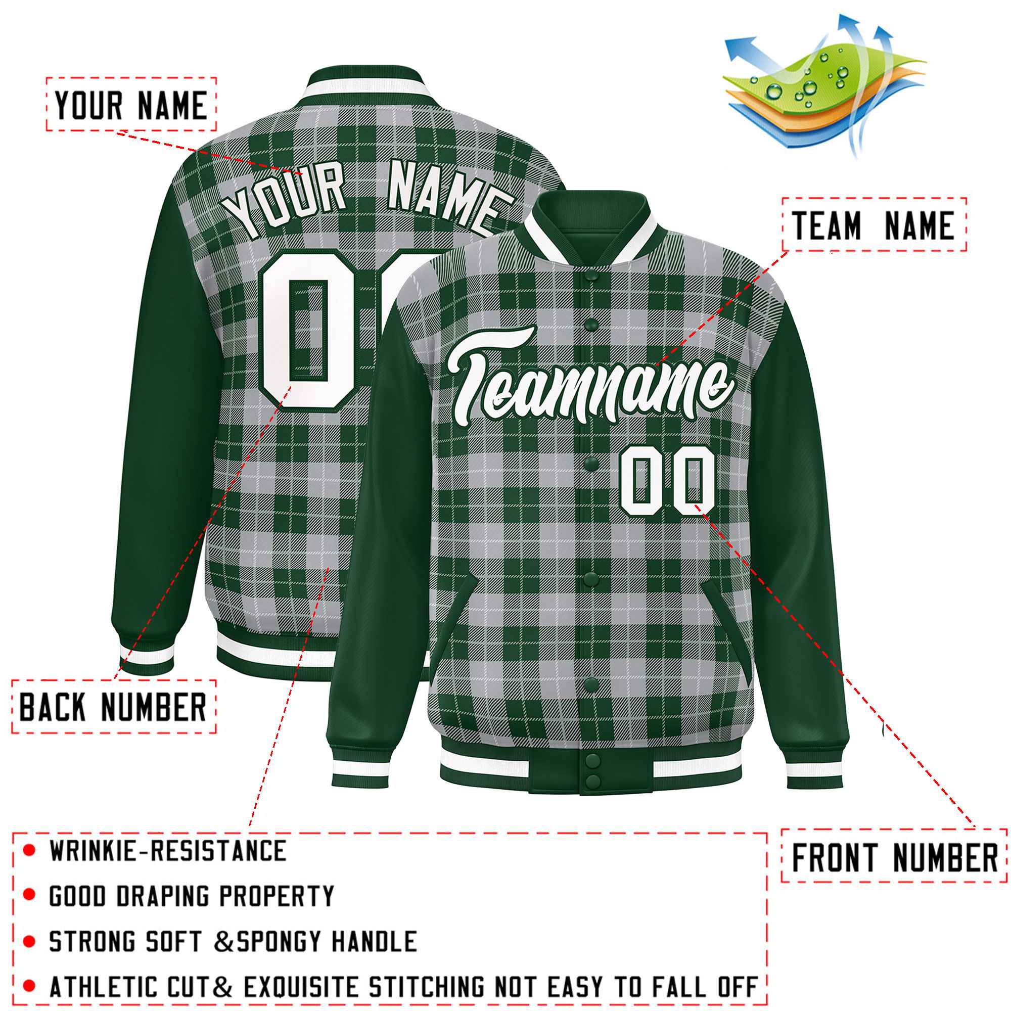 Custom Gray Green-White Varsity Full-Snap Plaid Pattern Letterman Baseball Jacket