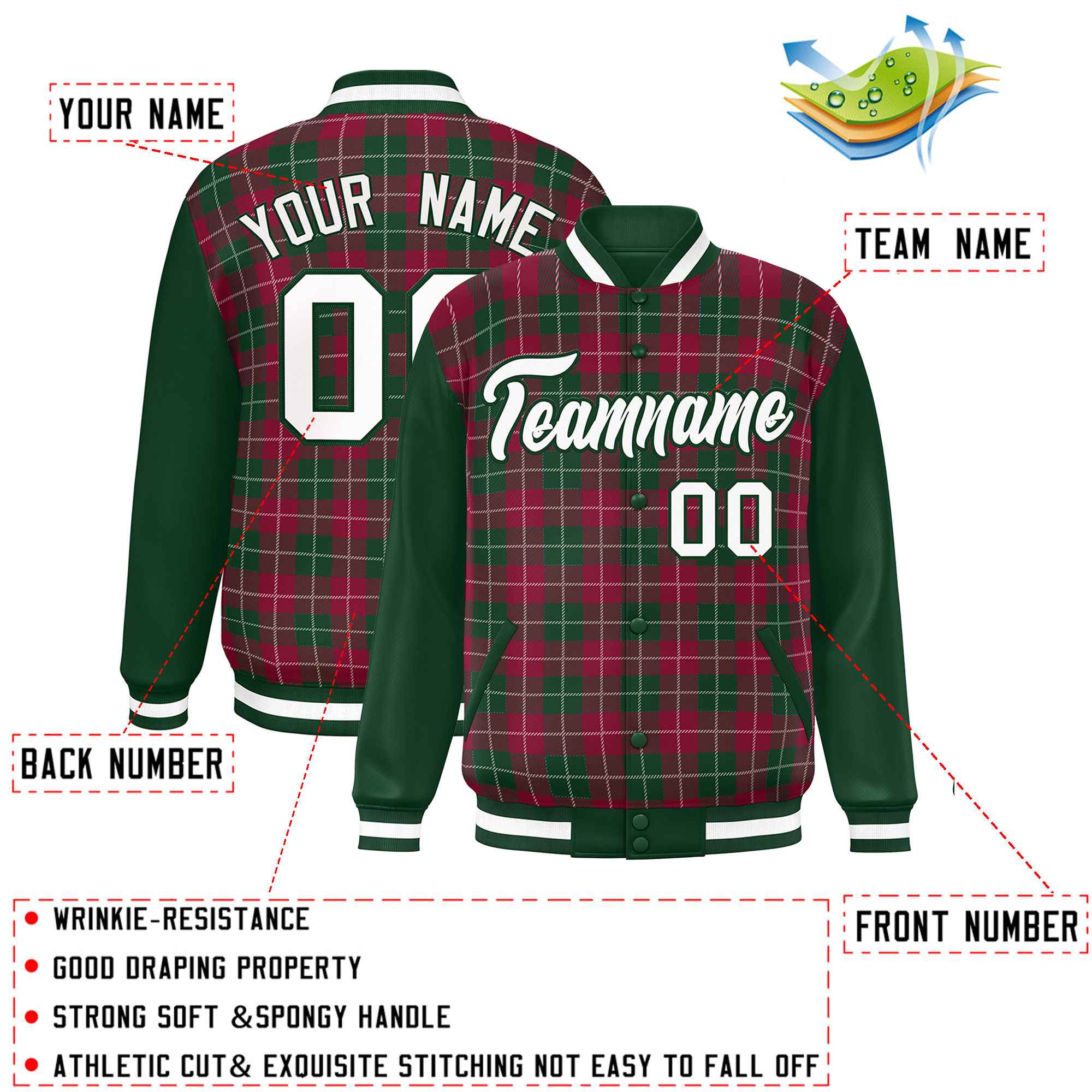 Custom Crimson Green-White Varsity Full-Snap Plaid Pattern Letterman Baseball Jacket