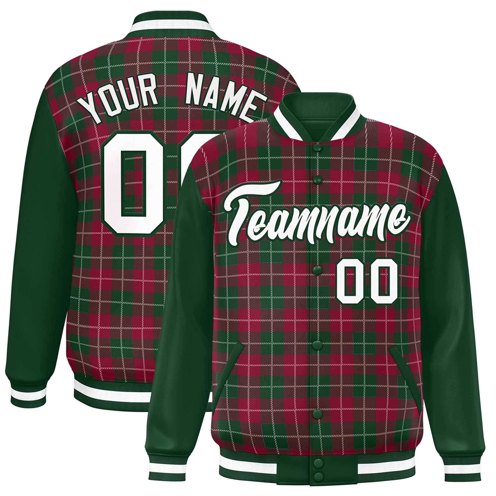 Custom Crimson Green-White Varsity Full-Snap Plaid Pattern Letterman Baseball Jacket