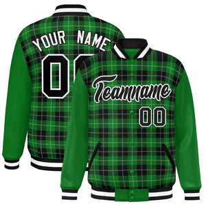 Custom Black Green-White Varsity Full-Snap Plaid Pattern Letterman Baseball Jacket