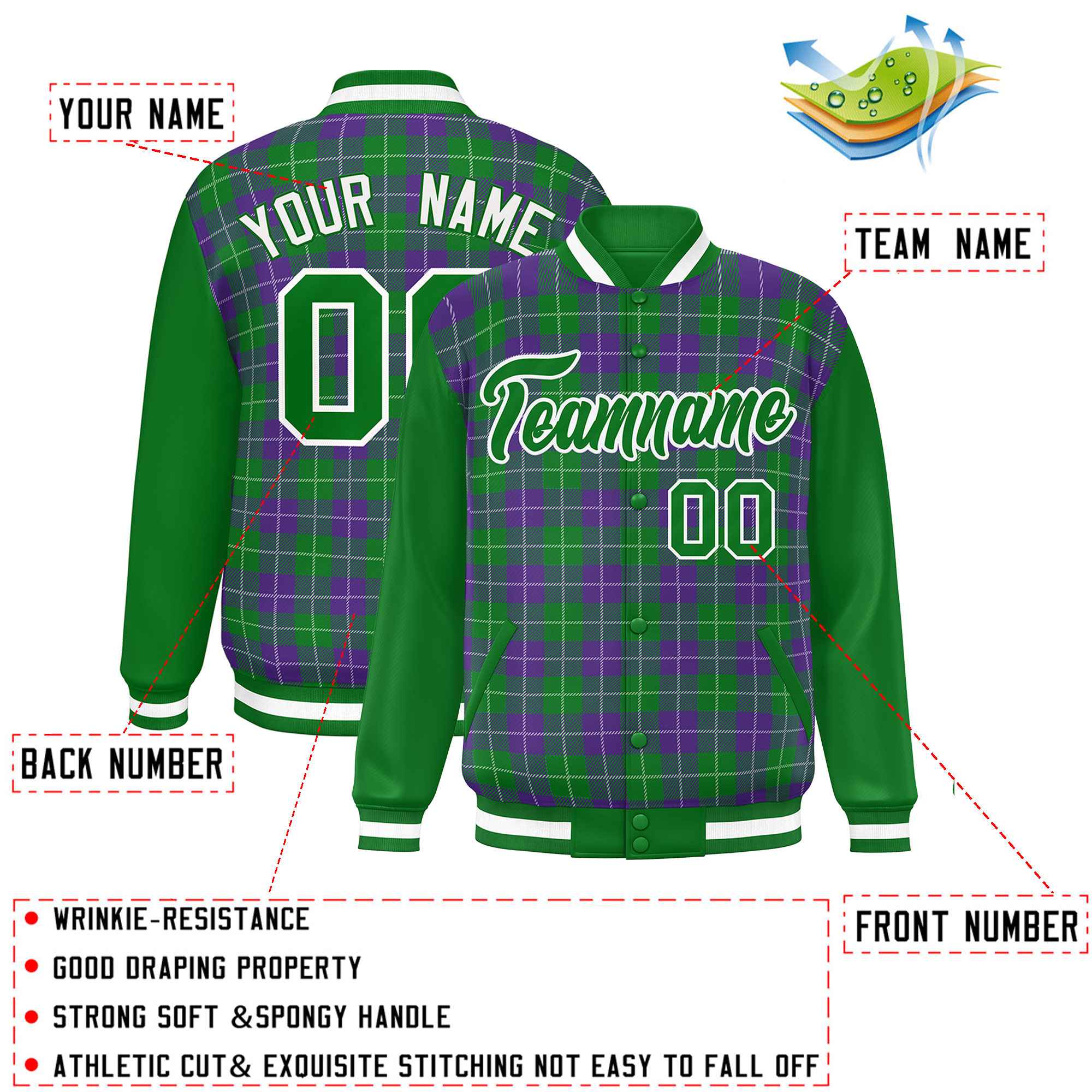 Custom Purple Green-White Varsity Full-Snap Plaid Pattern Letterman Baseball Jacket