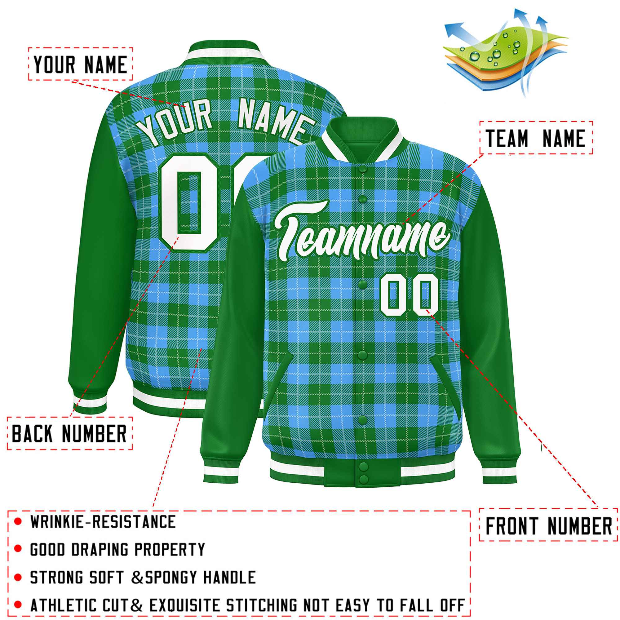 Custom Powder Blue Green-White Varsity Full-Snap Plaid Pattern Letterman Baseball Jacket