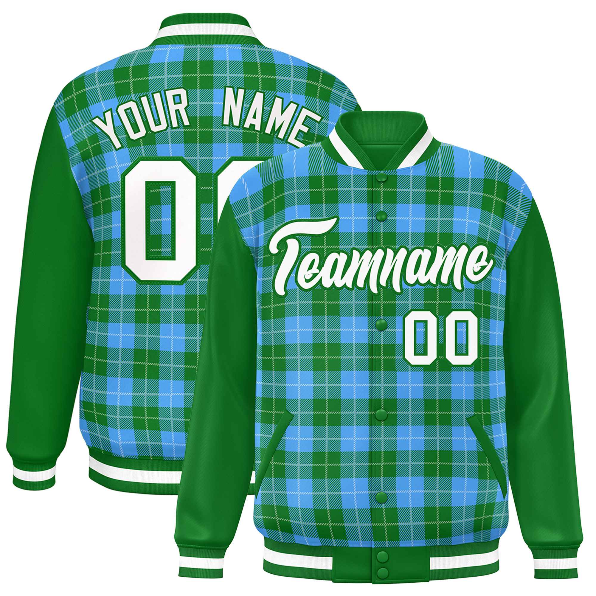 Custom Powder Blue Green-White Varsity Full-Snap Plaid Pattern Letterman Baseball Jacket