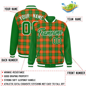 Custom Orange Green-White Varsity Full-Snap Plaid Pattern Letterman Baseball Jacket