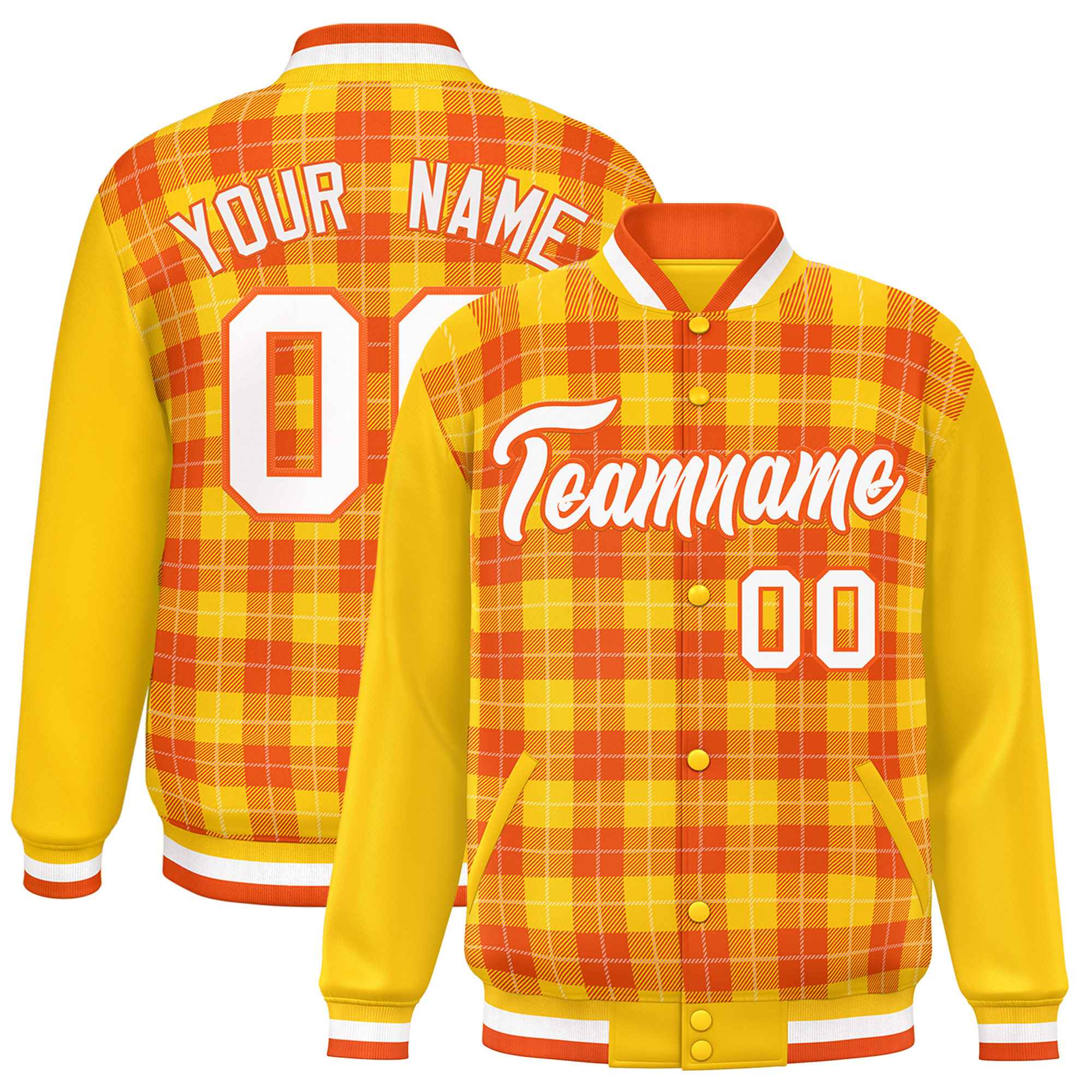 Custom Orange Gold-White Varsity Full-Snap Plaid Pattern Letterman Baseball Jacket