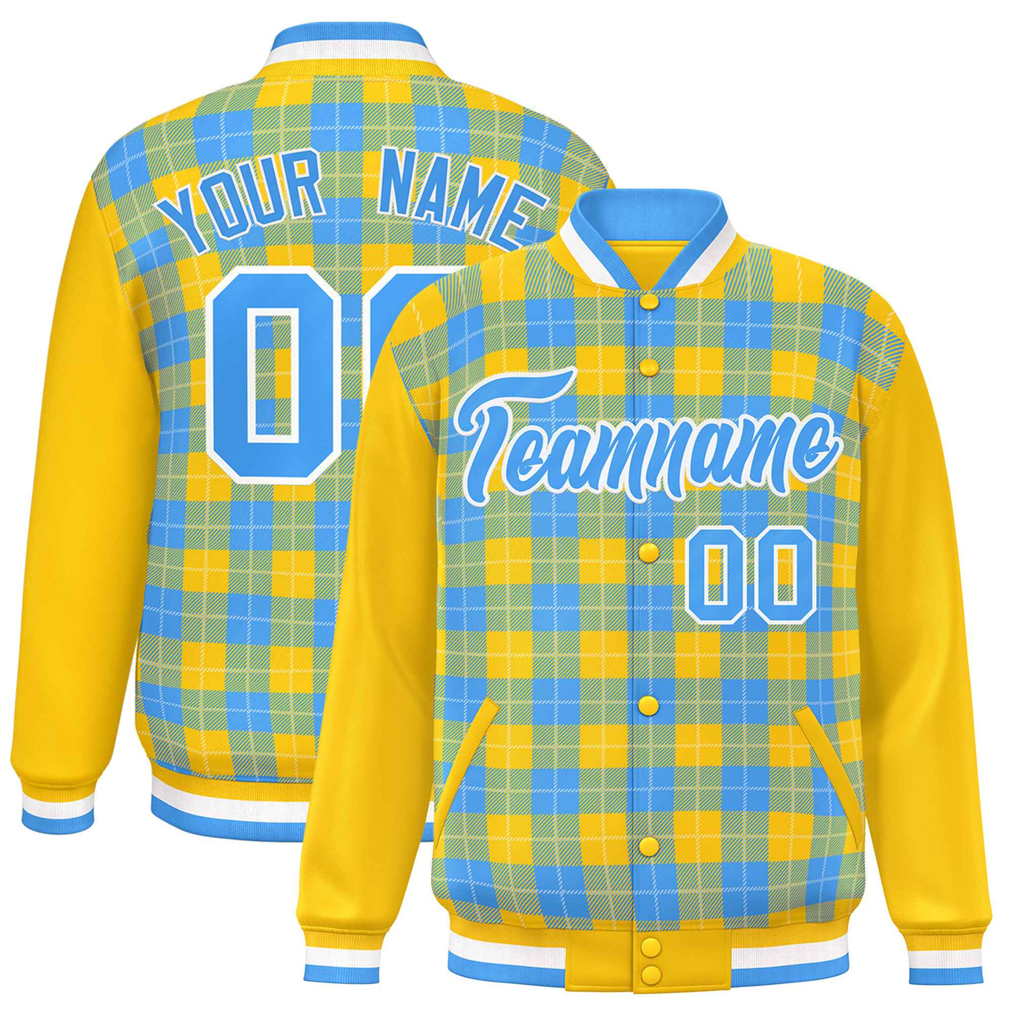 Custom Powder Blue Gold-White Varsity Full-Snap Plaid Pattern Letterman Baseball Jacket