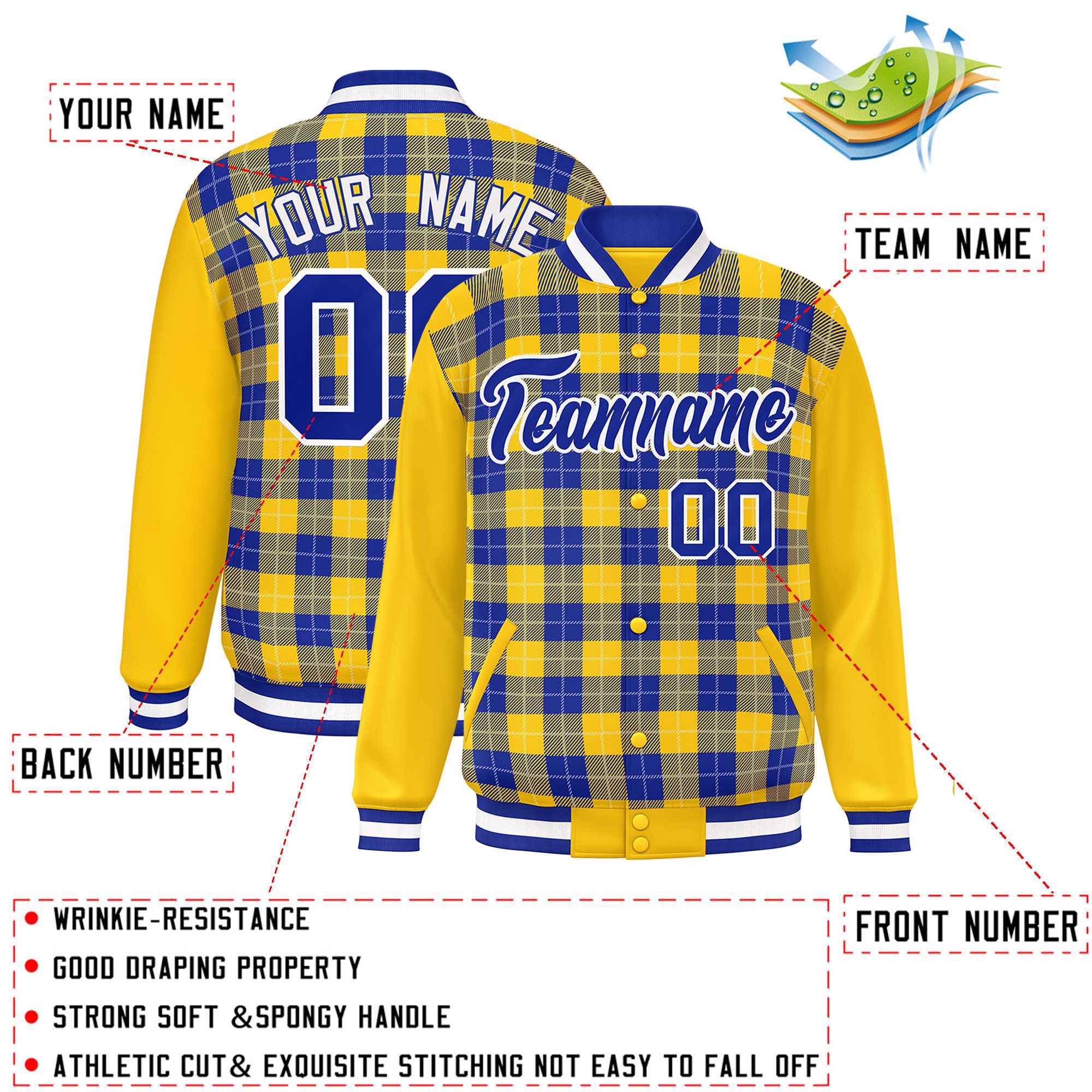 Custom Royal Gold-White Varsity Full-Snap Plaid Pattern Letterman Baseball Jacket