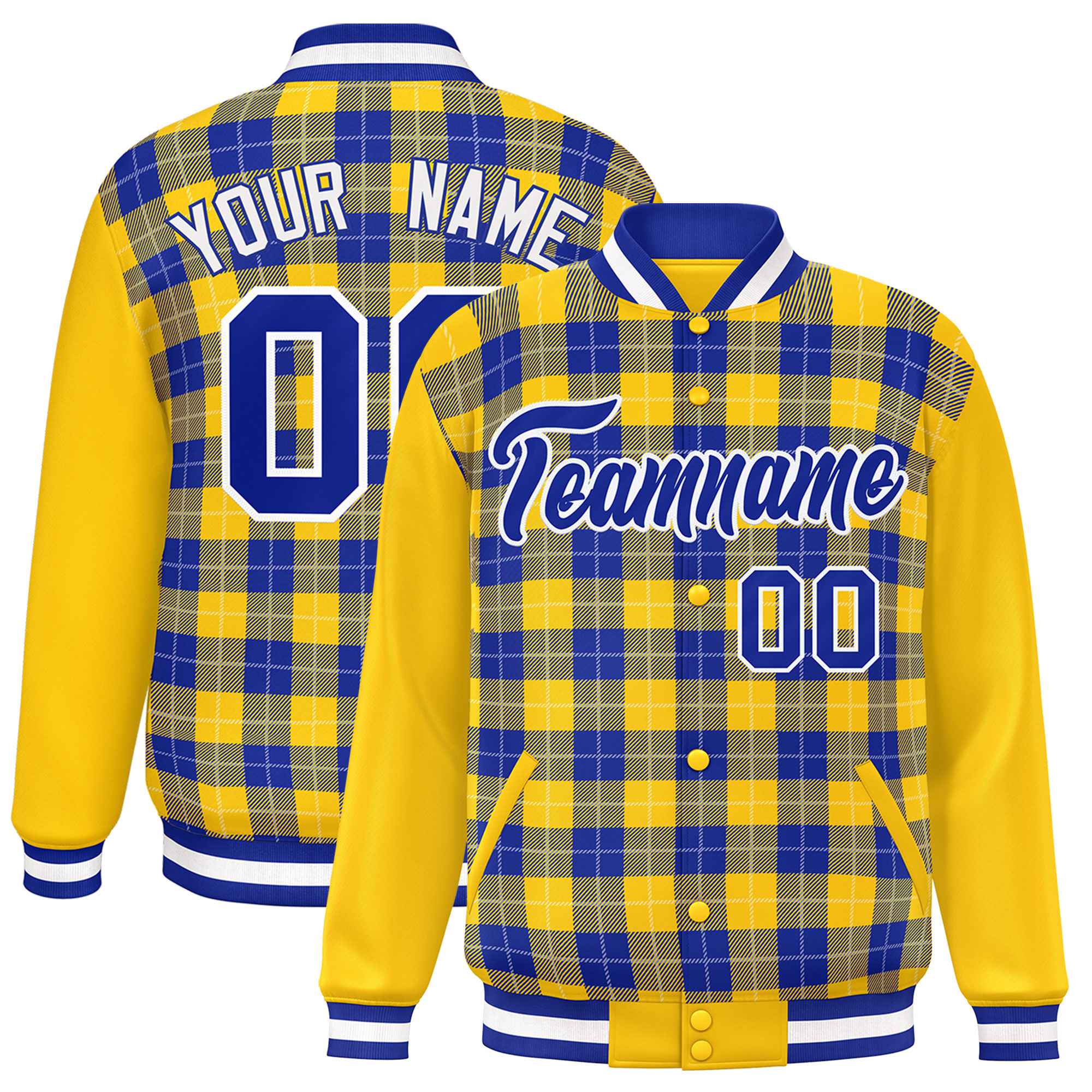 Custom Royal Gold-White Varsity Full-Snap Plaid Pattern Letterman Baseball Jacket